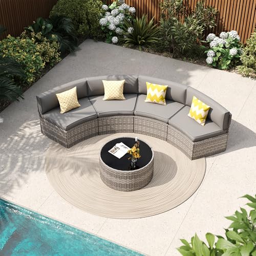 VONZOY Patio Sectional Furniture, Outdoor 5-Piece Grey Rattan Curved...