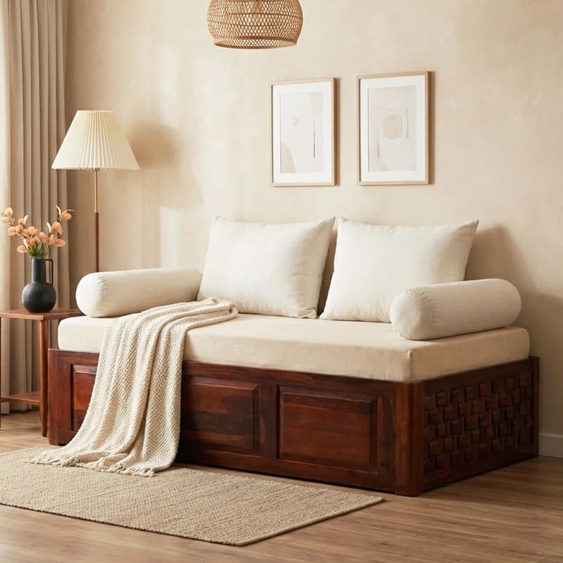 Solid Sheesham Wood Diwan Bed with Storage | 3 Seater Sofa Couch Cum Single Bed | Multipurpose Wooden Divan Cot for Living Room Bedroom Furniture (Honey Finish)-image-13