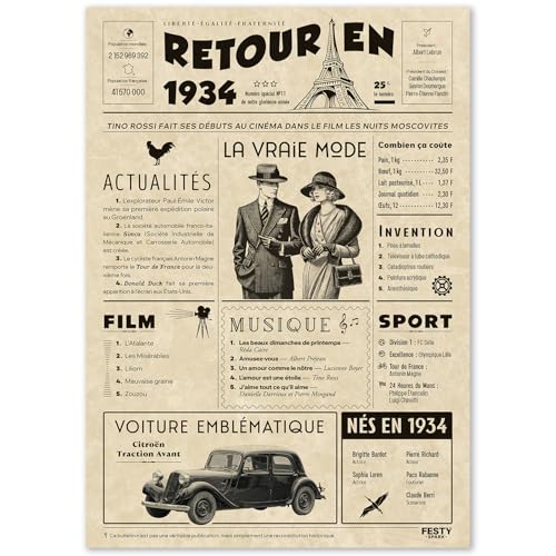 FestySpark Cadeau Original Retour en 1934 - Idée Cadeau 92 Ans femme et homme - Carte Anniversaire 92 ans femme et homme - Decoration Anniversaire 92 ans - Carte d’Anniversaire avec Félicitations