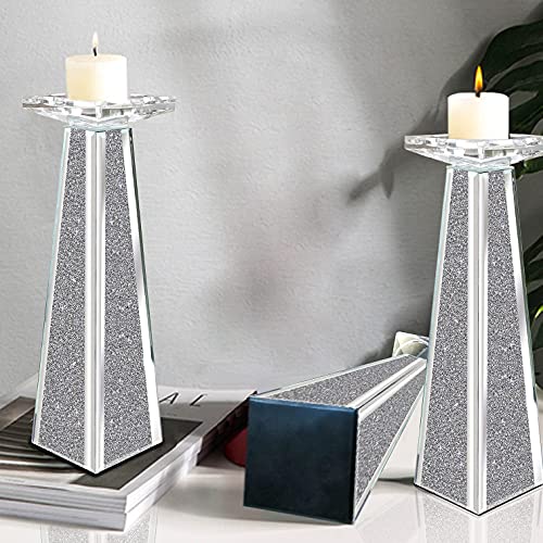 Wocred 2 Piece Candle Holders, Silver Mirror Glass Candlestick Holders, Decorative Candle Candelabras For Fireplace, Church, Wedding Reception, Table Decoration And More.(12”) #TOP1
