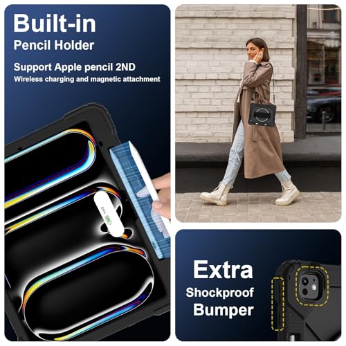 Étui robuste iPad Pro 13 M4 antichoc avec dragonne rotative et support