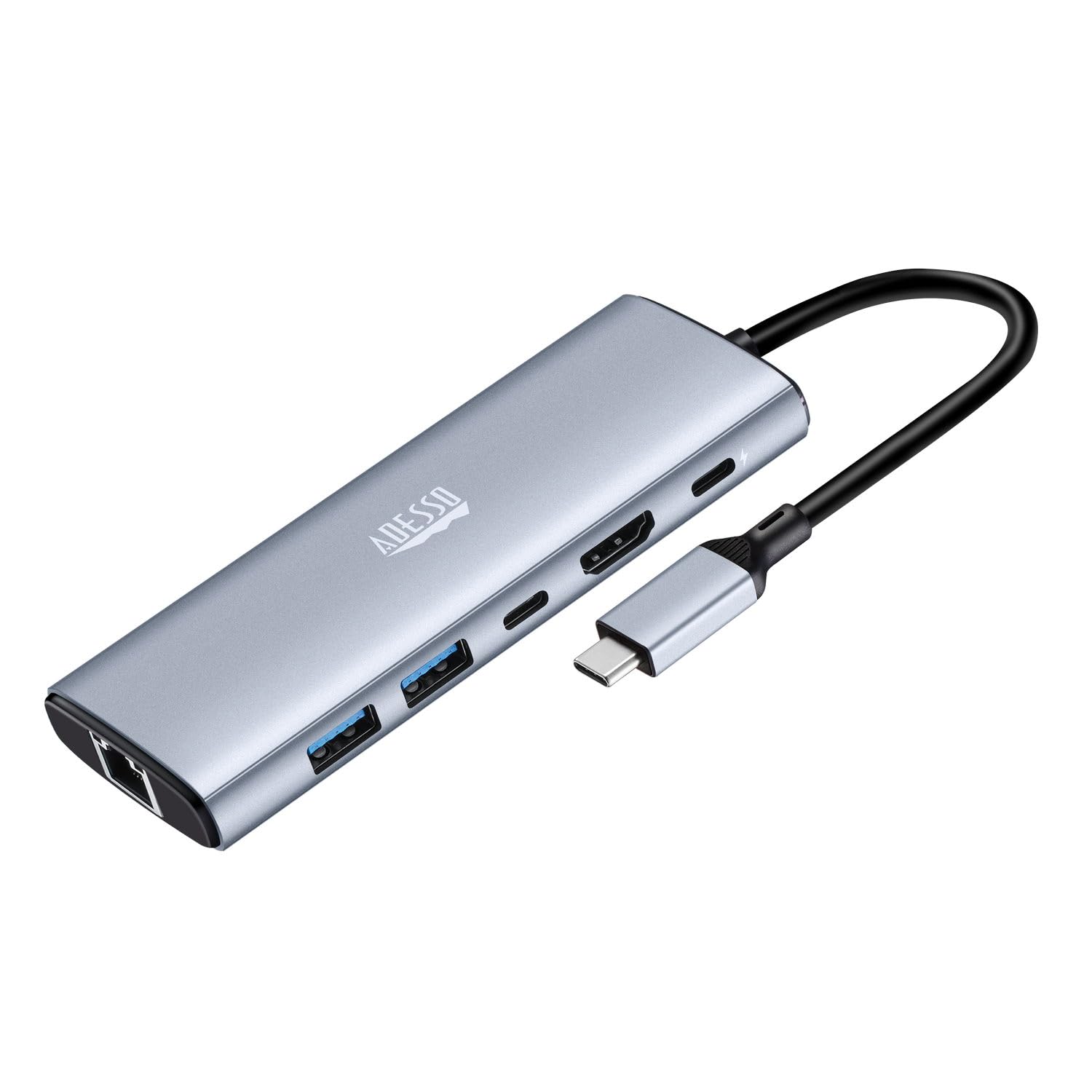 Adesso AUH-4035 - Adaptador multipuerto USB C 6 en 1 compatible con 1 HDMI 4K, 2 USB-A 3.2, 1 USB-C 3.2, 1 RJ45 y 1 PD