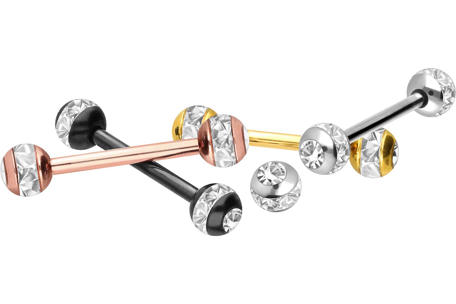 PIERCINGLINE Barbell in acciaio chirurgico, sfere epossidiche + cristalli, barretta per piercing e lingua, colori e dimensioni a scelta