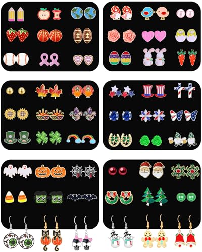 54 Pairs Hypoallergenic Holiday Earrings Set for Girls Women Halloween Christmas Fall Thanksgiving Earrings Valentine's Day St. Patrick’s Day Easter 4th of July Earring