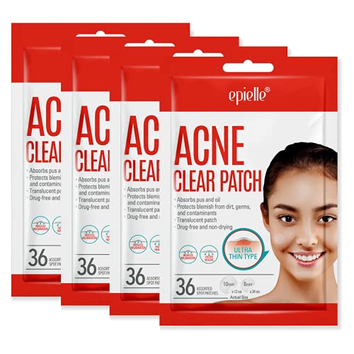 Epielle Acne Clear Patch- Translucent Hydrocolloid Acne Pimple Patch for Zits and Blemishes, Face and Skin Spot Treatment Acne Stickers| 4 Pack Acne Pimple Patch Spot Treatment | Cruelty-Free | Two Patch Sizes 8mm & 10 mm (144 count)