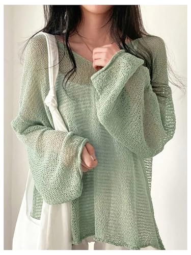 Floerns Women's Summer Sweaters Long Sleeve Pullover Sheer Knitted Lightweight Crochet Tops4