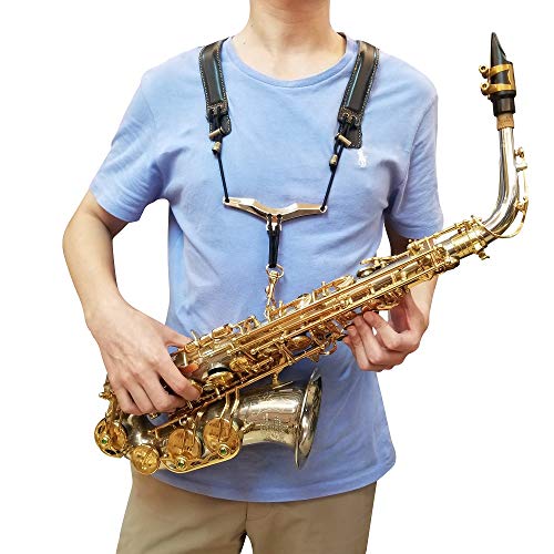 adorence saxophone shoulder strap - handmade leather saxophone harness strap no neck stress lengthened for tenorbaritonealto - black