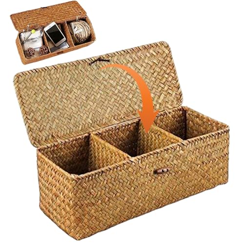 Cesta de mimbre con tapa de 3 secciones organizador de escritorio rectangular 7
