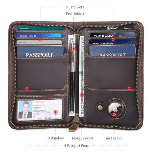 Polare Full Grain Leather Passport Holder Cover Case for Men RFID Blocking Travel Wallet Holds 4 Passports (Dark Brown with AirTag Slot) 5