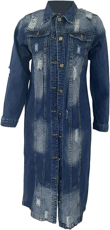 Women's Distressed Denim Jacket Trench Hole Over Knee Midi Long Denim Jacket Lapel Slim Fit Button Down Jean Coat4