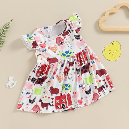 Toddler Little Girl Farm Dress Animals Print Fly Sleeve Baby A-line Dresses Cute Farm Baby Clothes Summer 1-5T2