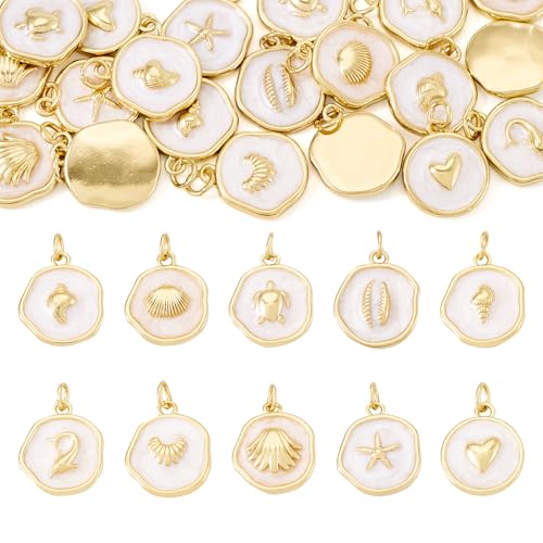Cheriswelry 20Pcs Sea Animal Charms Gold Plated Flat Round Enamel Alloy Pendants Ocean Summer Beach Craft Charms 16-18mm for DIY Bracelet Necklace Earring Jewelry Making