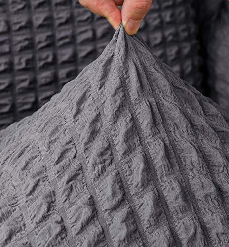 Busamedo Set Of 4 Stretch Universal Dining Room Chair Cover With Skirt Washable Plaid Long Skirt Chair Slipcovers Soft Jacquard Seat Slipcover For Pets Wedding Hotel Banquet Party (4Pcs, Grey) #TOP4