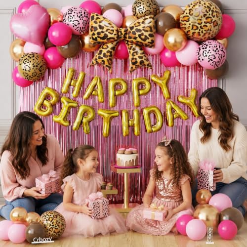 Image of 70Pcs Cheetah Print Birthday Decorations, Pink Brown Gold Leopard Balloons