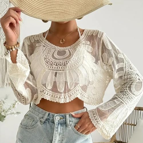 Women's Floral Embroidered Semi-Sheer Cover Up, Long Sleeve Round Neck Tops for Women Semi Sheer Crop Cover Up4