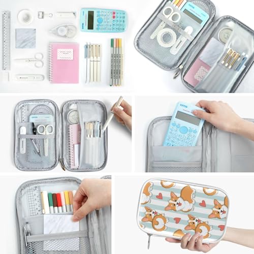 Image of Lovely Corgi Dogs Hearts Marble Pencil Bag Case Zipper Pencil Holder Organizer Stationary Pen Bag Cosmetic Makeup Bag Pouch Purse for School Office Supplies