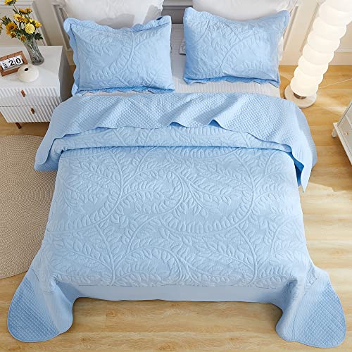 MarCielo 3-Piece 100% Cotton Oversized Bedspread Lightweight Quilt Coverlet Embroidery Farmhouse Bedding Set T0 (Light Blue, Oversized King (118"x106"))