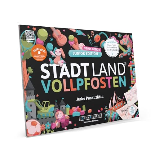 DENKRIESEN Stadt Land VOLLPFOSTEN - Junior Edition | Ab 9 Jahren | Familienspiel | Kinderspiel | Kreative Stadt Land Fluss Variante | Spaßige Kategorien für Kinder | DIN A4 Spielblock |