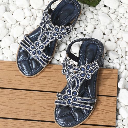 Women Rhinestone Embellished Flat Sandal High Elastic Ankle Strap Shoe Solid Textured Open Toe Sparkly Sandals4