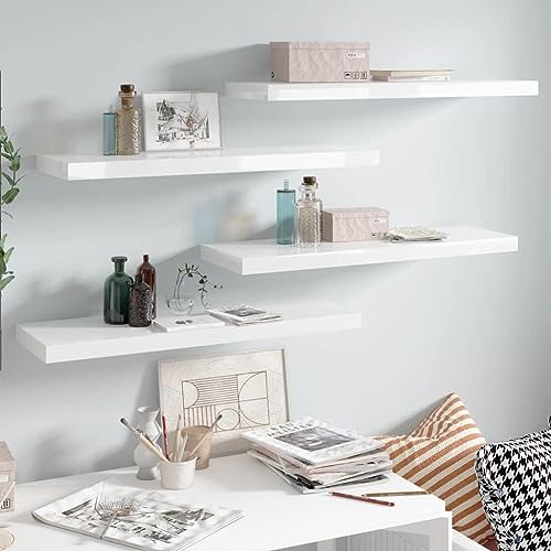 Image of Wooden Floating Wall Shelf| Wall Mount| Wall Rack| Wall Bracket for Home and Office Decor | Big Mounted Cabinets (XX-Large (24x8 inches), Set of 4,White)