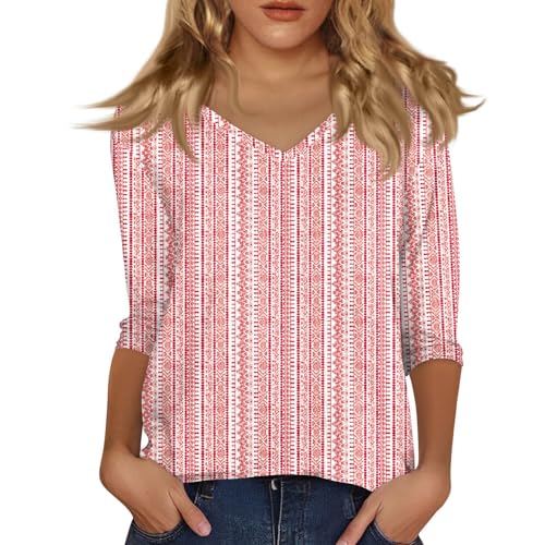 Summer Tops for Women V Neck 3/4 Length Sleeve Tops Cute Fall Linen Floral Print Shirts Western 3/4 Sleeve Blouses2