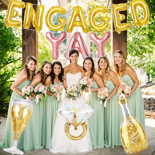 Image of Gold Engagement Party Decorations, Engaged Yay Balloons Letters Banner, Diamond Ring White Champagne Bottle Balloon Glass Foil Balloon for Bachelorette Engagement Wedding Bridal Shower Party Supplies