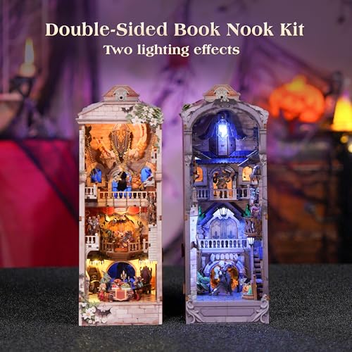 Image of Tonecheer DIY Book Nook Kit for Adults, Double-Sided Booknook Wooden 3D Puzzle Bookend Miniature House Kit, Fantasy Bookshelf Decor with Dust Cover and LED Light for Birthday Gifts (Monster Carnival)