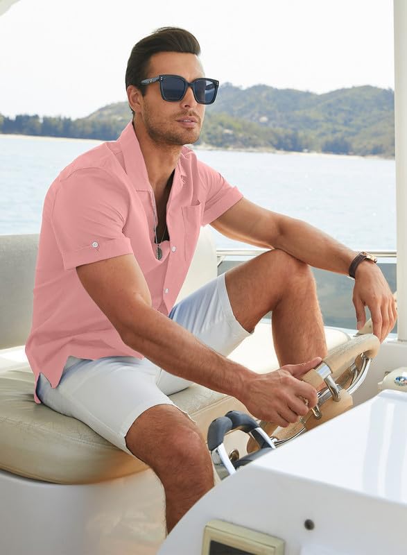 Vista 5 de JMIERR Camisas hawaianas para hombre, estilo casual, elegante, de algodón y lino, con botones, camisas de playa de manga corta con bolsillo