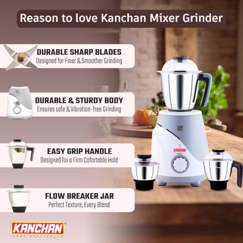 Image of Kanchan Triset Plus Mixer Grinder 750 Watt 4 Multipurpose Jars (3 Stainless Steel +1 Juicer)Blending, Grinding, Juicer mixer grinder for kitchen,Powerful motor with Overload Safety, ISI, 5 Yr Warranty