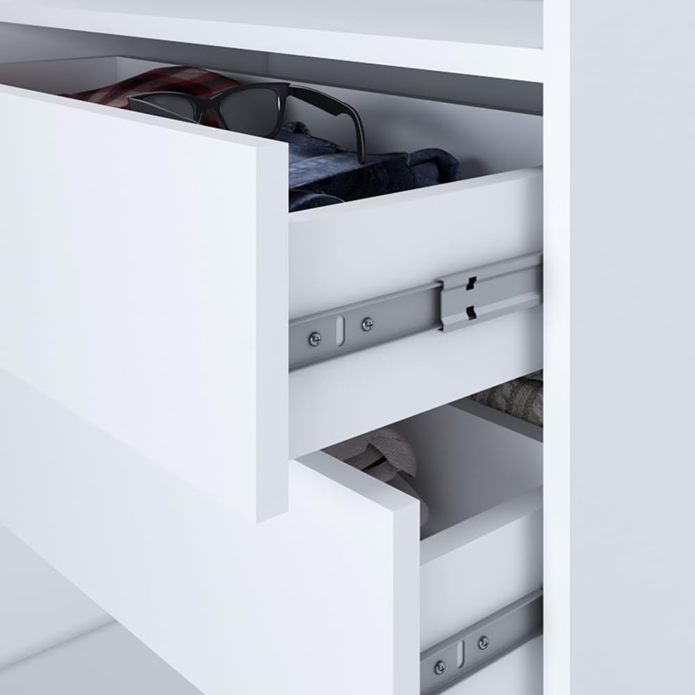 A&J MöbelLand Schwebetürenschrank LINA Kleiderschrank 200 cm mit Spiegel, 3 Schubladen & 3D-Lamellen (Weiß)