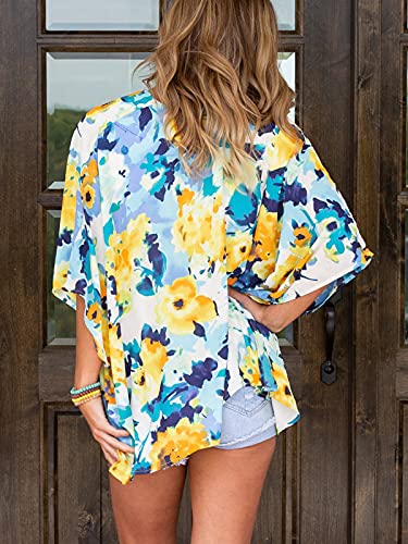 Image of Chunoy Women Summer Chiffon Floral Kimono Cardigan Cape Short Sleeve Casual Lightweight Beach Wear Cover Up Yellow Small