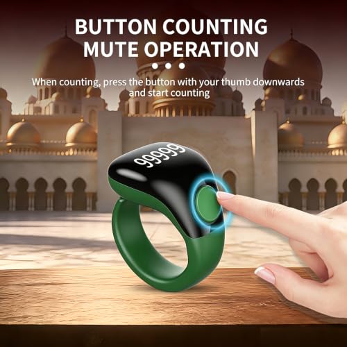 Image of Smart Tasbih Zikr Ring,Adjustable(18 /20 /22mm) Muslim Digital Azan Alarm Clock Counter,APP Support Digital Counter Prayer Reminder Rings, Waterproof 5 Digit Finger Counter for Muslims(Green)