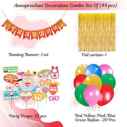 Image of WOBBOX Annaprashan Party Props with Hindi Font Red & Golden Color Bunting Banner & Balloon & Foil Fringe, Annaprashan Decoration Item (44 Pcs Combo)