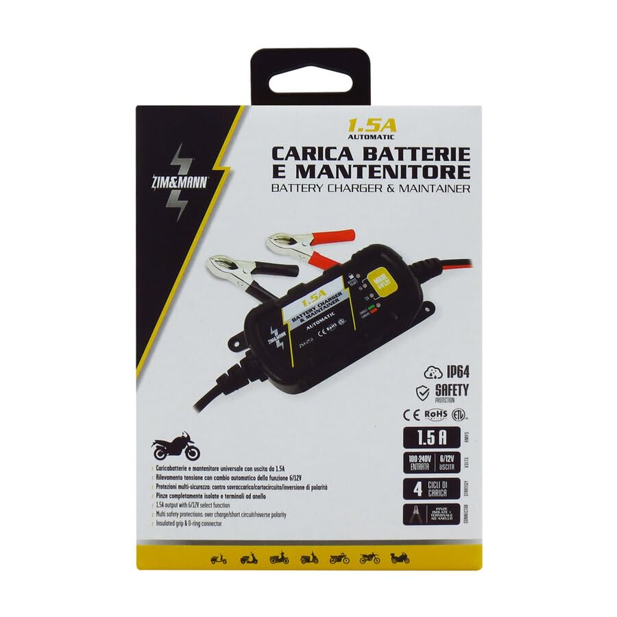 Caricabatterie ZIM&MANN Automatico 6V/12V 1.5A Per Moto E Auto, Per Batterie Al Piombo (Wet, MF, AGM, Gel), IP64