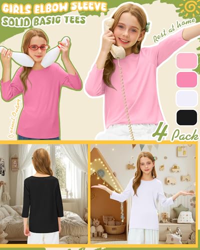 Image of 4 Pack Girls 3 /4 Sleeve T Shirts Kids Crewneck Elbow Sleeve Casual Tops Solid Basic Cute Teen Tees 5-14Y