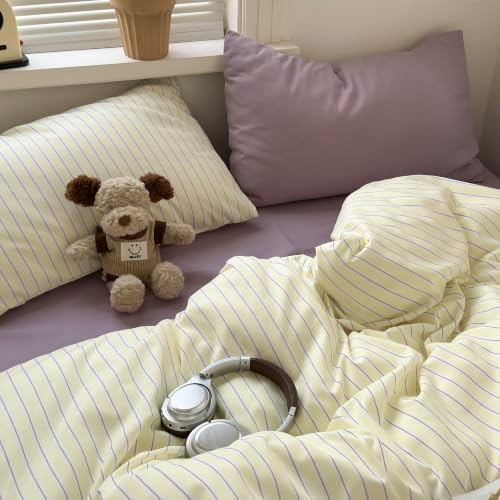 Image of MKXI Twin XL Size Yellow Purple Striped Duvet Cover Set - 3 Piece Vintage Retro Bedding, Lightweight Breathable Comforter Cover, Joyful Style Bedroom Decor with Zipper Closure
