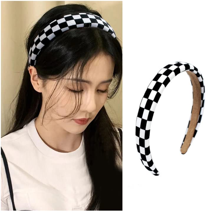 Miniatura 2 de Duehut Diademas de tablero de ajedrez en blanco y negro, diadema acolchada a cuadros para mujeres y niñas, accesorios para el cabello para fiestas