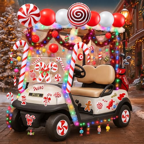 Civaner 60 Pcs Christmas Parade Golf Cart Decoration Kit with Light String Candy Canes Lollipop Cutouts and Balloons Decorations Red White Tinsel Garland with Glue for Christmas Parade Holiday