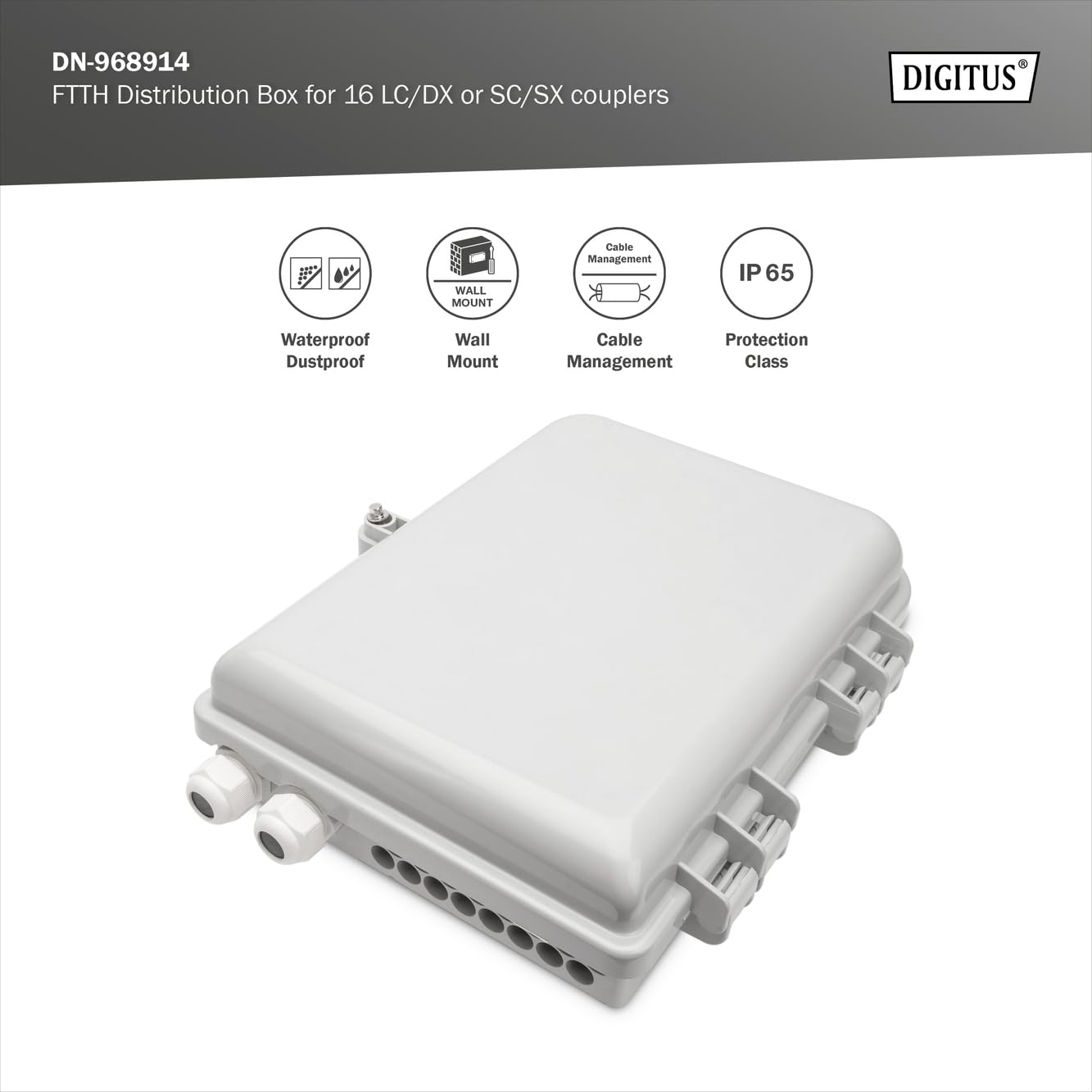 DIGITUS Scatola di distribuzione FTTH da esterno - 16x LC/Duplex o 16x SC/Simplex - Classe di protezione IP65 - Cassetta di giunzione per fibra ottica - Grigio