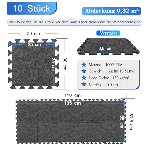 BXI Schalldämmende Puzzle-Teppichunterlage 10 Stück, 30 x 30 x 0,9 cm rutschfeste Teppichunterlagen, Hochdichte Lärmreduzierung Filz-Teppichpolsterung, Teppichunterlage zum Schutz und Polsterung