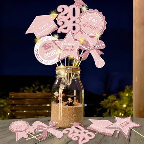 Image of Graduation Decorations for Class of 2026-30pcs Glitter Pink Rose Gold Grad Party Table Centerpieces Sticks with LED String Light for College High School 2026 Graduation Party Favors Supplies