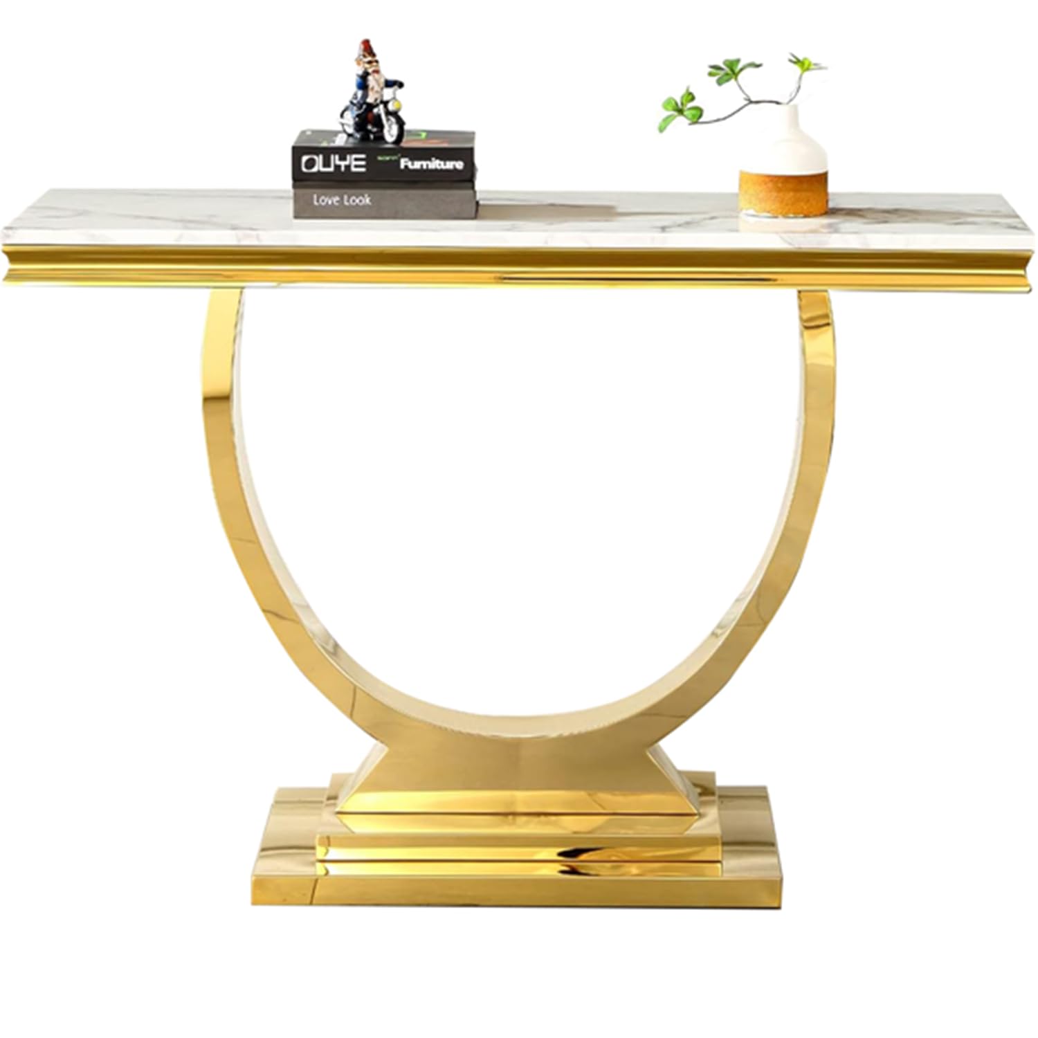 KUVADAZ 47 inch White Marble Console Table with Stainless Steel Metal O-Base, 47" Rectangle Faux Marble Sofa Table Modern Console Table for Living