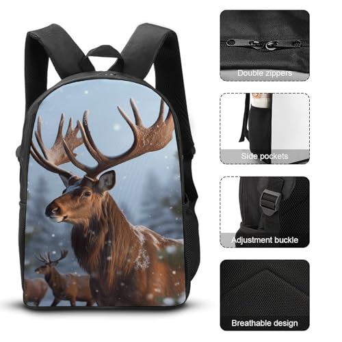 3 Piece Backpack for Women Men Lightweight Causal Daypack Shoulder Bag Set with Insulated Lunch Bag And Pencil Case Organizers Christmas Winter Deers3