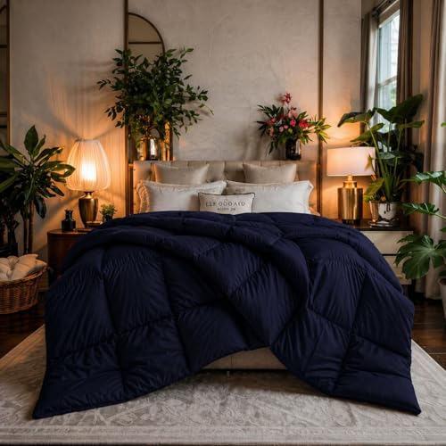 Image of Luxury Hotel Collection Cotton Comforter | All-Season Lightweight Quilt for Hot Sleepers | Plush, Breathable & Box-Stitched (Queen) Navy Blue