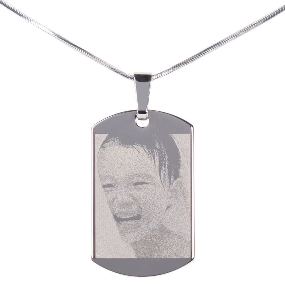Pendentif Rectangle personnalisé – Gravure Photo et Texte sur ce Bijou en Acier argenté – Cadeau Femme et Homme Unique à Personnaliser