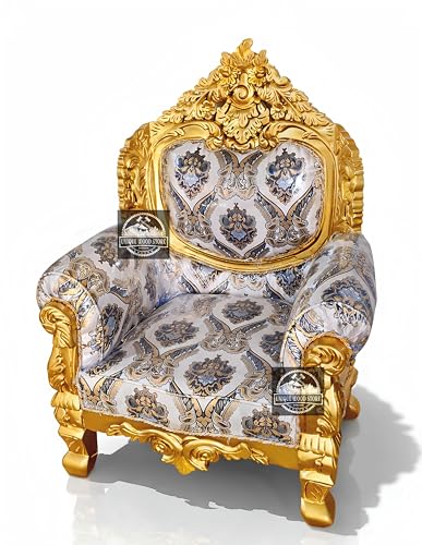 Image of Royal Carved Sofa Set | 3+1+1 Seater + Center Table Without Mirror| Antique with Floral Upholstery | Victorian Style Living Room Furniture Sofa Set Luxury Gold Finish 4-Piece