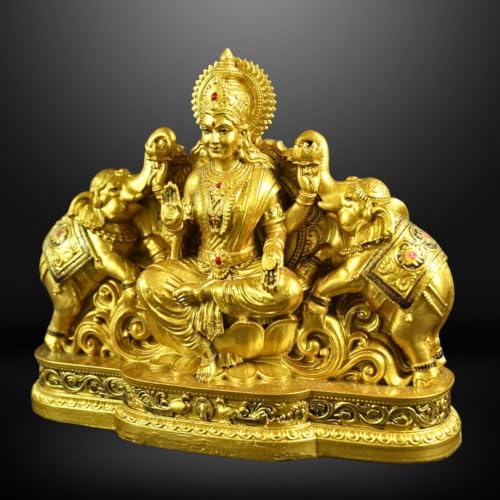Image of Gaja Lakshmi Idol On Lotus with Elephants │ 4.5 Inch Polystone Laxmi Murti │ Brass, Silver & Patina Grey Finish │ Diwali Puja Gift (Gajlakshmi Brass Color)