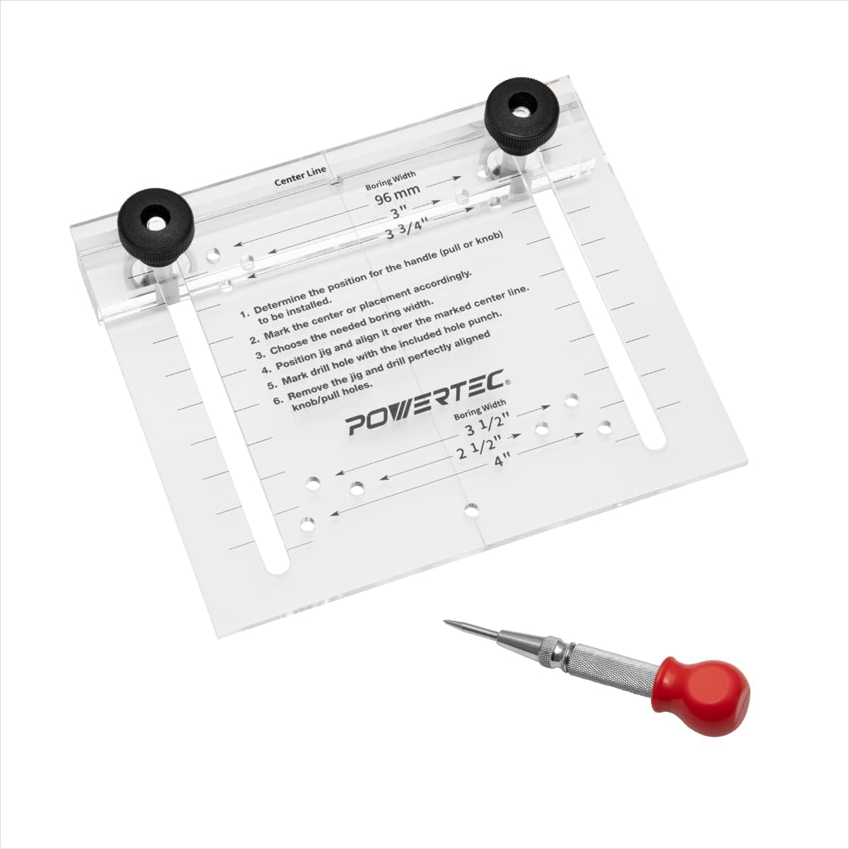POWERTEC 71412 Hardware Jig, Hardware Template Tool and Center Punch, Drawer