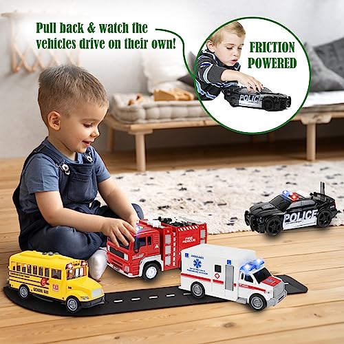 Teganplay SKY400 4 Pack Ambulance, Fire Engine Truck, School Bus, Police Car Toy, Vehicles Toy Set Toddlers Cars thumb #2