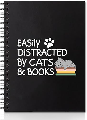 Fácil de distraer con gatos y libros, 160 páginas de tapa dura, cuadernos en espiral en blanco, bonito cuaderno de regalo para amantes de los